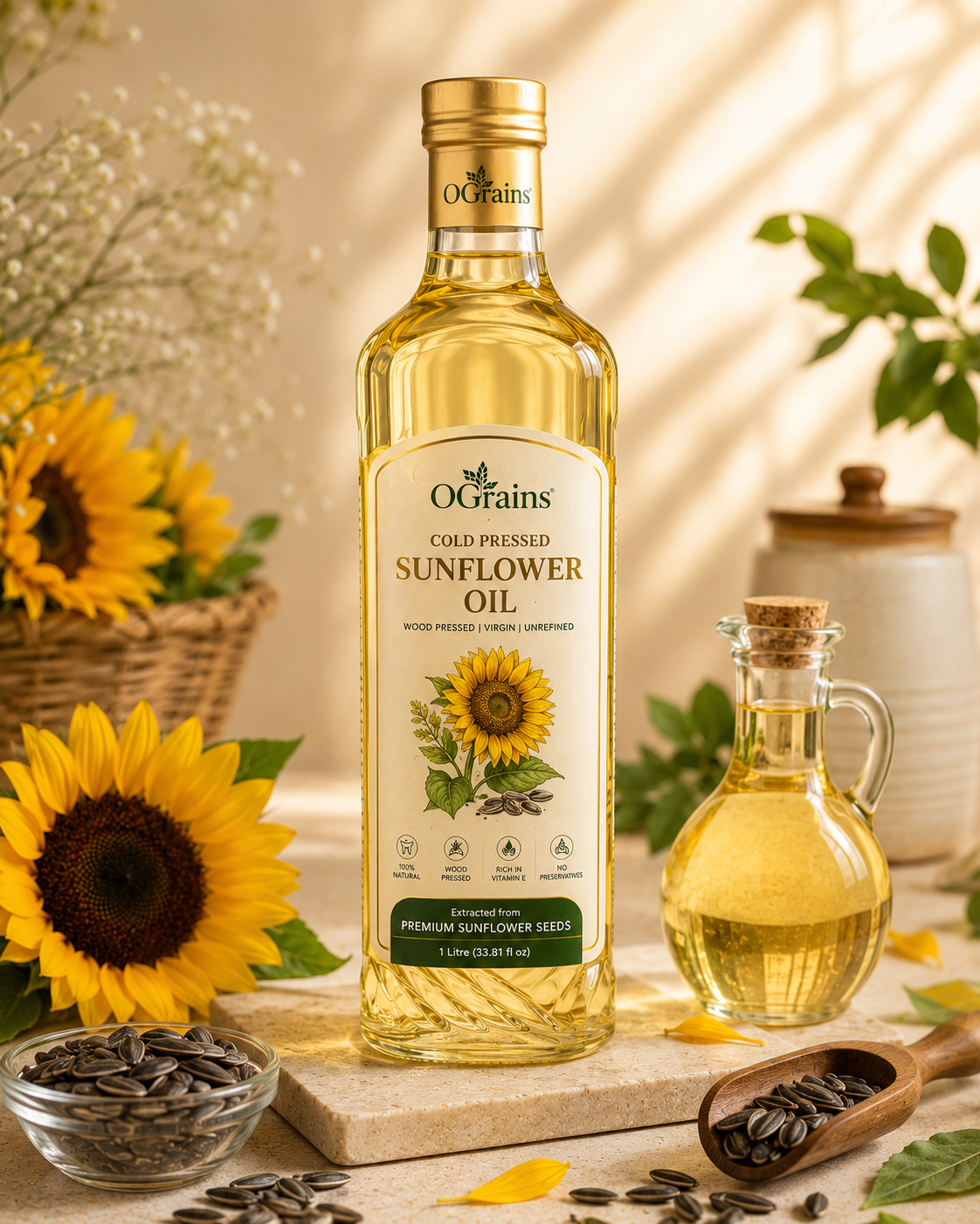 Sunflower oil in a sunlit setting